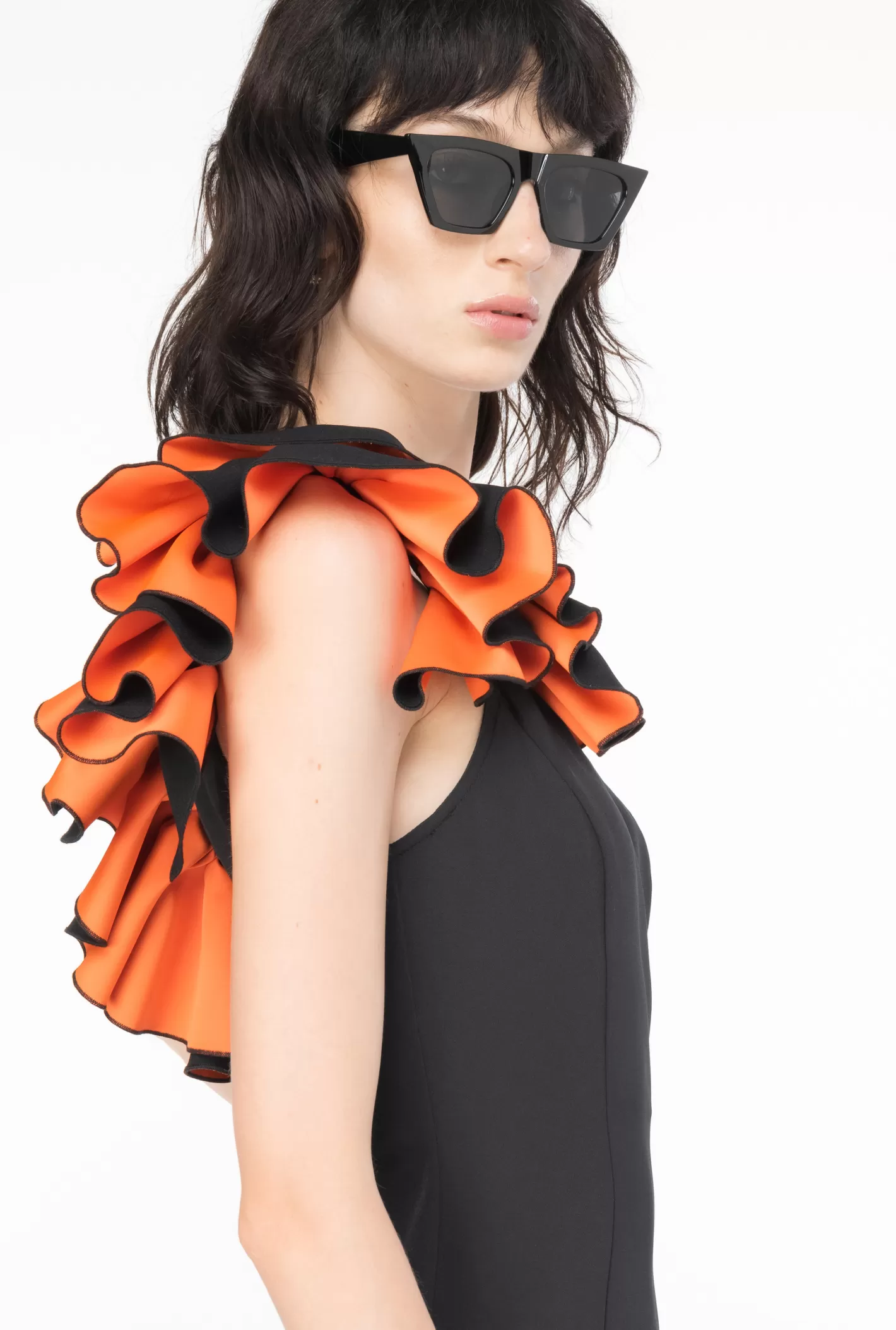 Pinko Abito longuette monospalla con rouche NERO/ARANCIO New