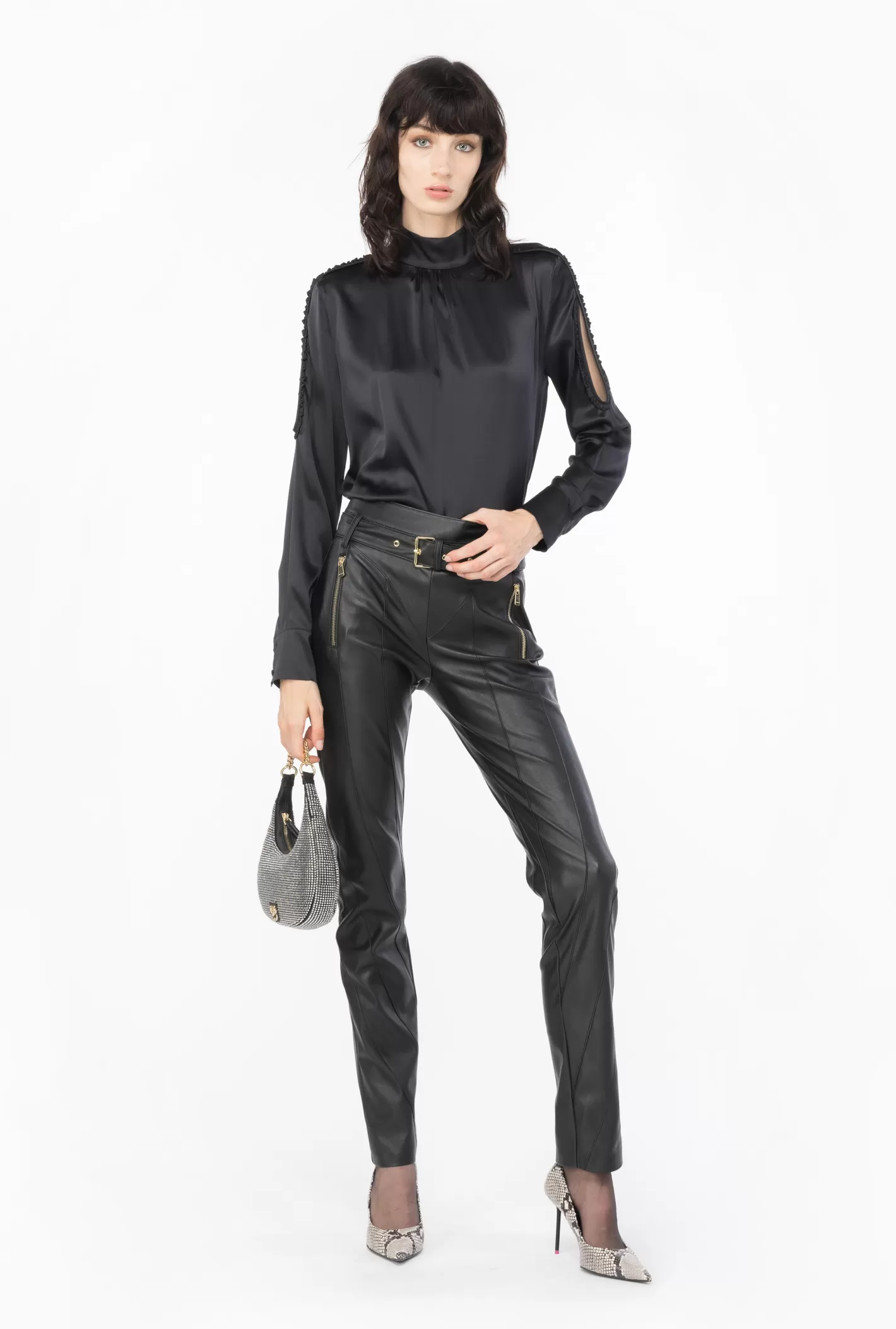 Pinko Blusa in satin mini rouches NERO LIMOUSINE Cheap