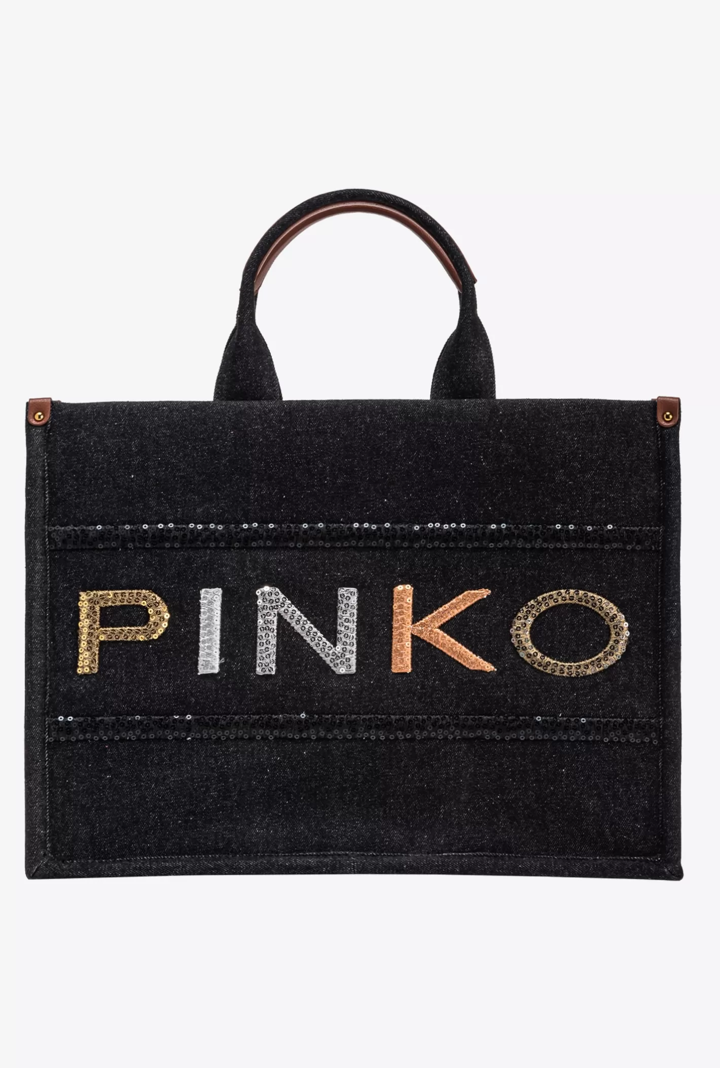 Pinko Borsa Shopper Denim logo paillettes DENIM NERO-ANTIQUE GOLD Sale