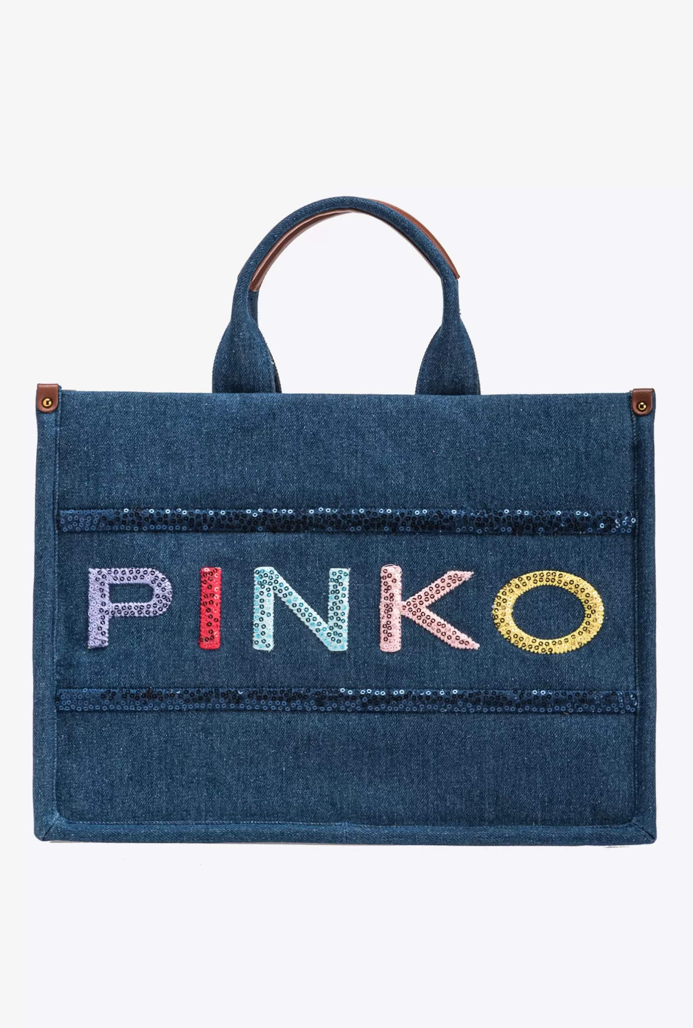 Pinko Borsa Shopper Denim logo paillettes DENIM BLU-ANTIQUE GOLD Flash Sale