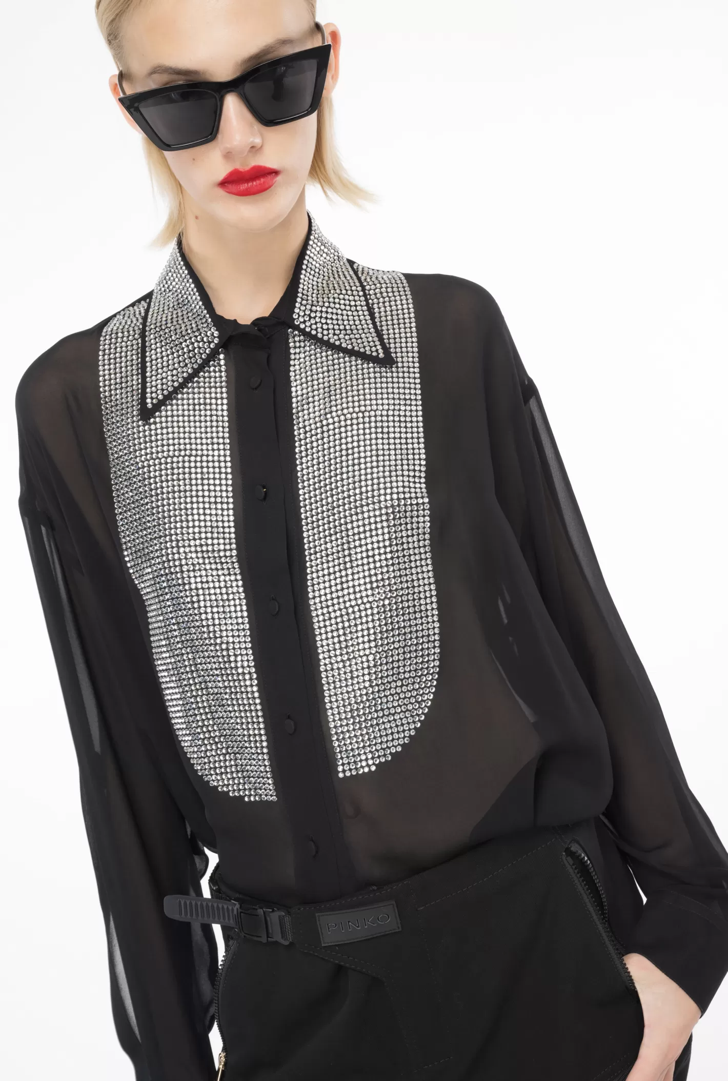 Pinko Camicia in georgette con strass NERO LIMOUSINE Best Sale