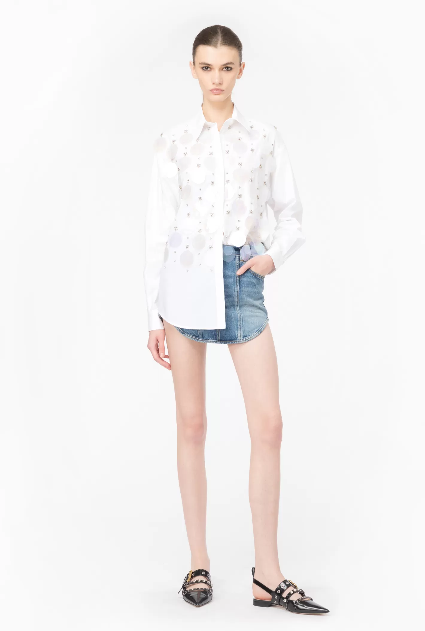 Pinko Camicia in popeline ricamo paillettes BIANCO BRILL. Clearance