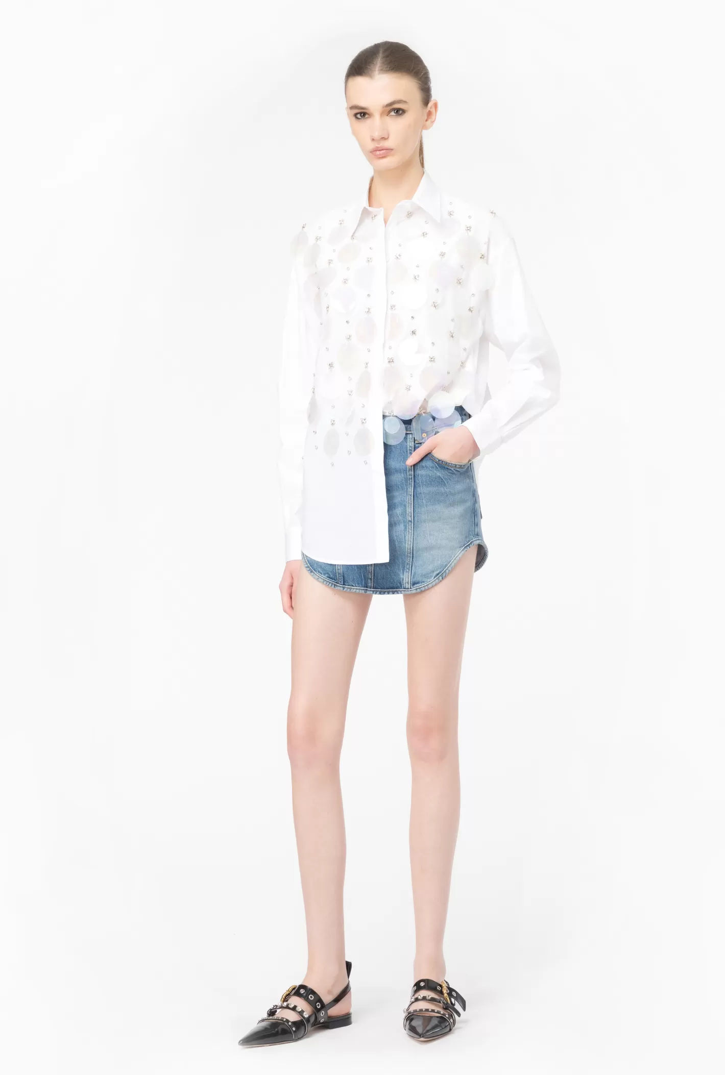 Pinko Camicia in popeline ricamo paillettes BIANCO BRILL. Clearance