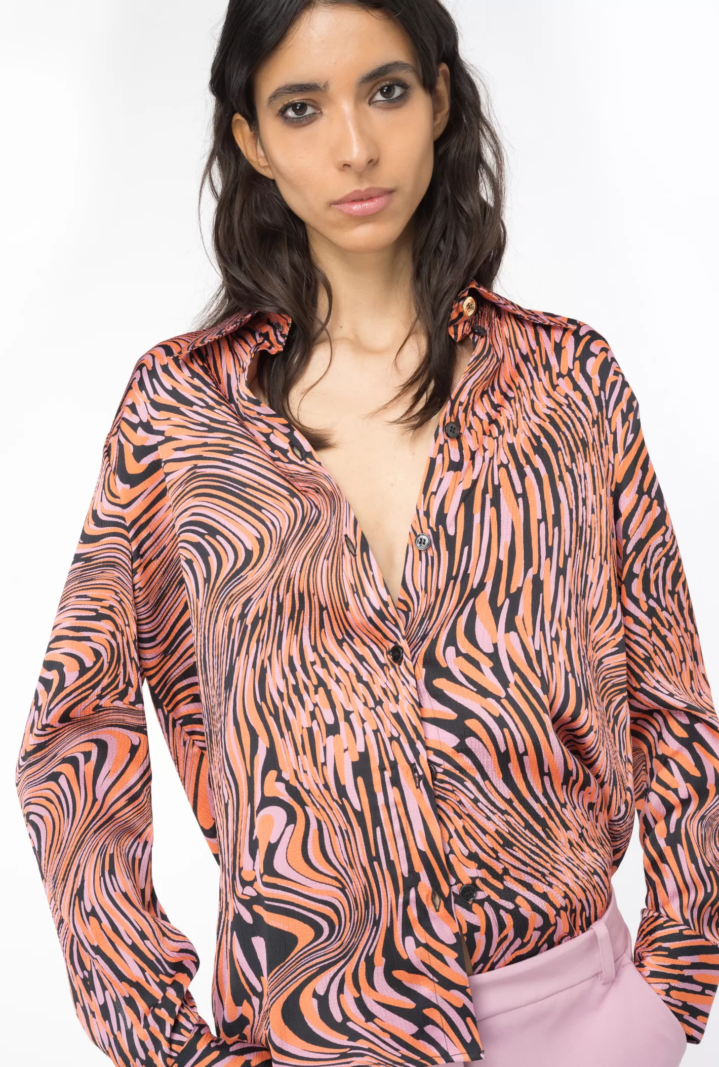 Pinko Camicia in raso stampa distorta NERO/ROSA/ARANCIO Cheap