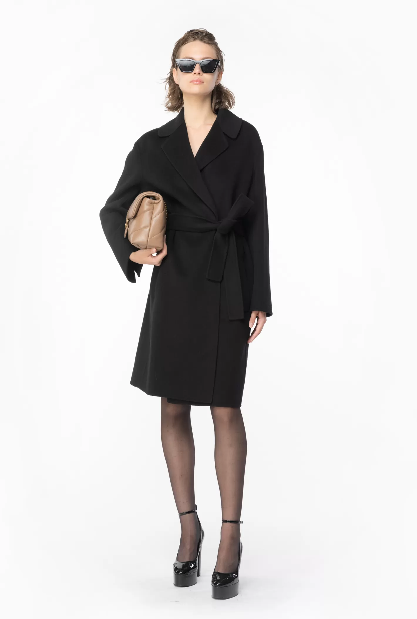 Pinko Cappotto con cintura in panno NERO LIMOUSINE Discount