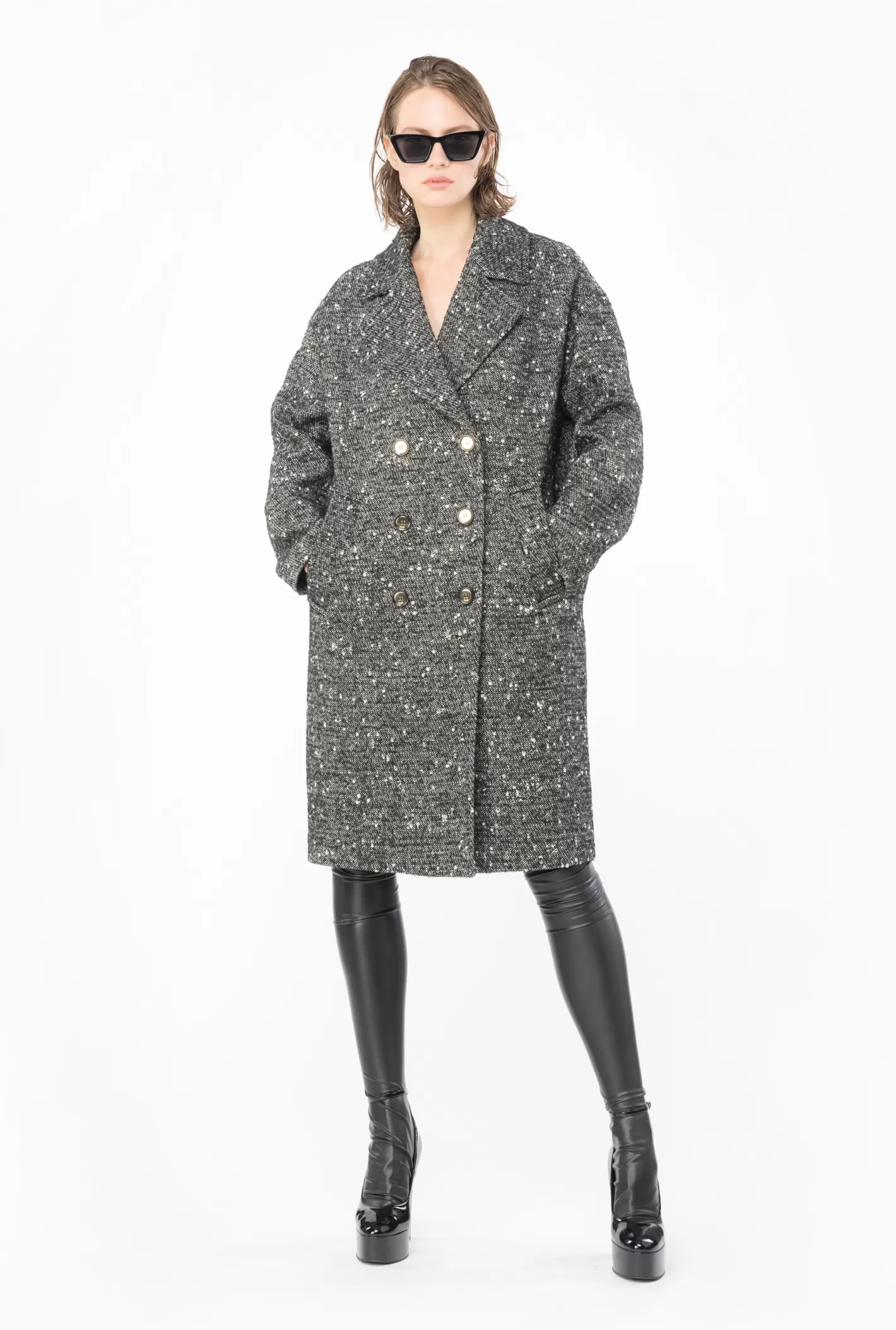 Pinko Cappotto doppiopetto in tweed NERO/BIANCO Cheap