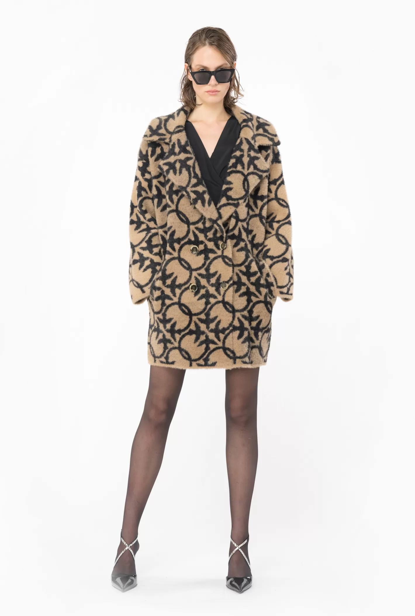 Pinko Cappotto faux fur Love Birds CAMMELLO/NERO Sale