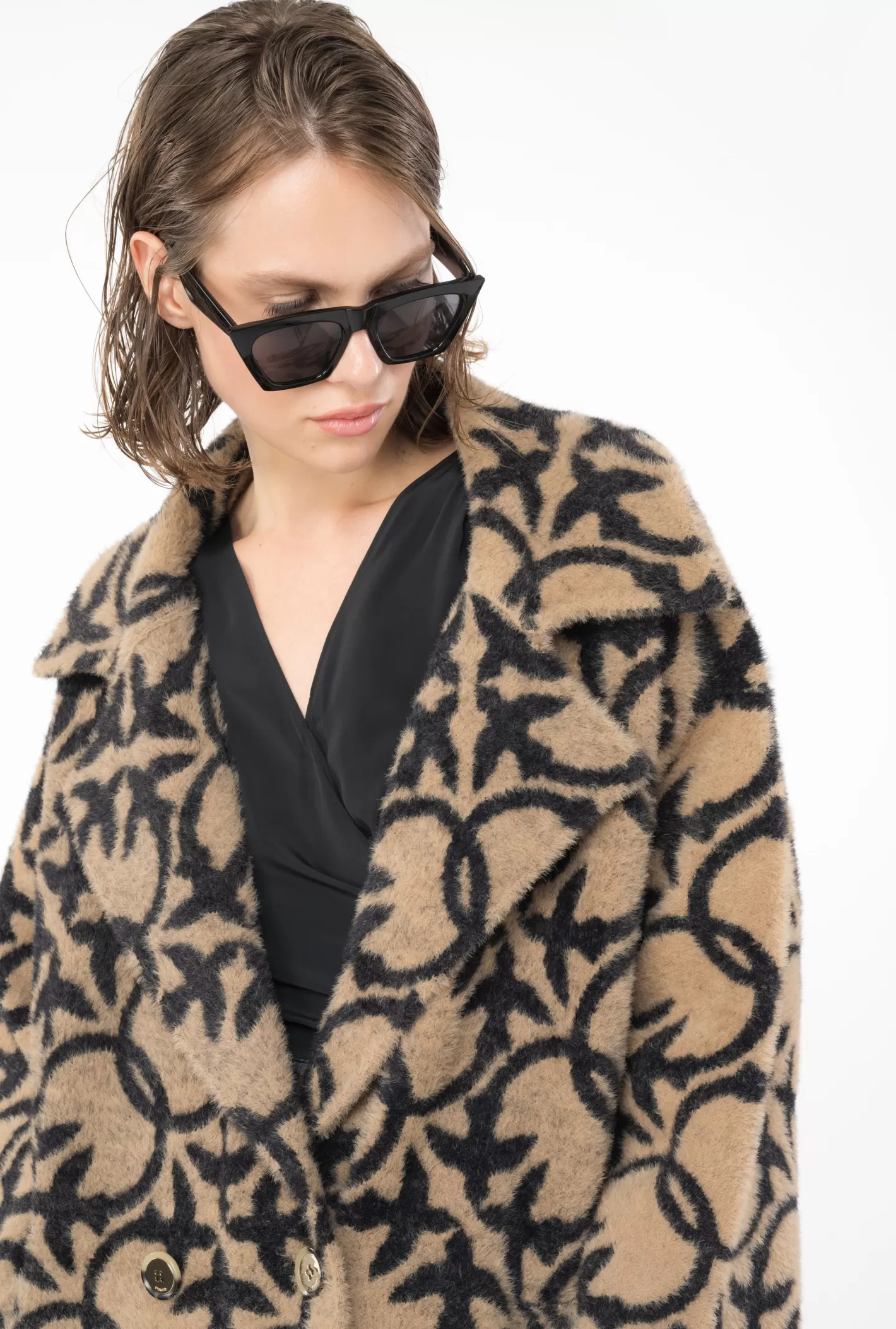 Pinko Cappotto faux fur Love Birds CAMMELLO/NERO Sale