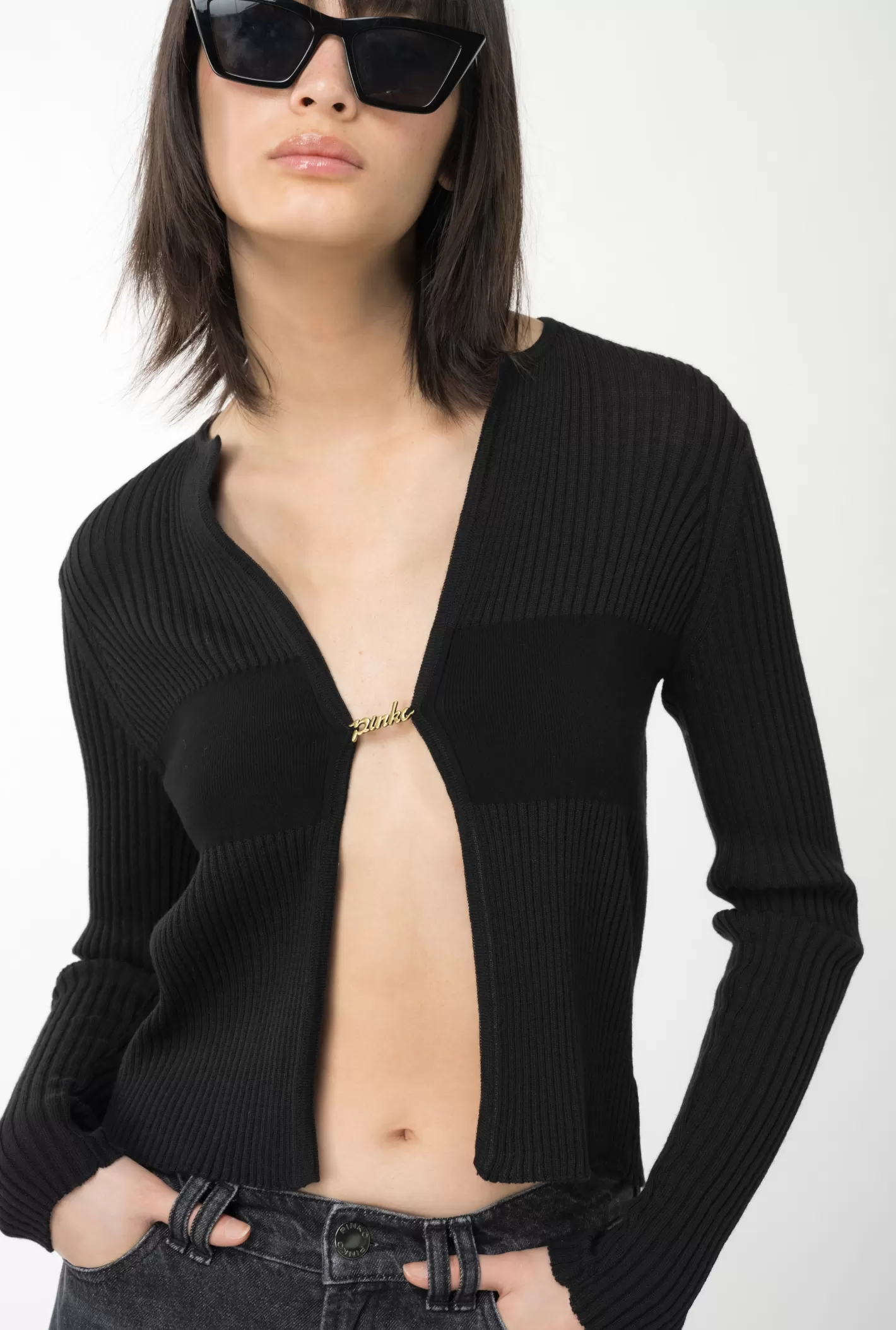 Pinko Cardigan aperto in maglia a costine NERO LIMOUSINE Store