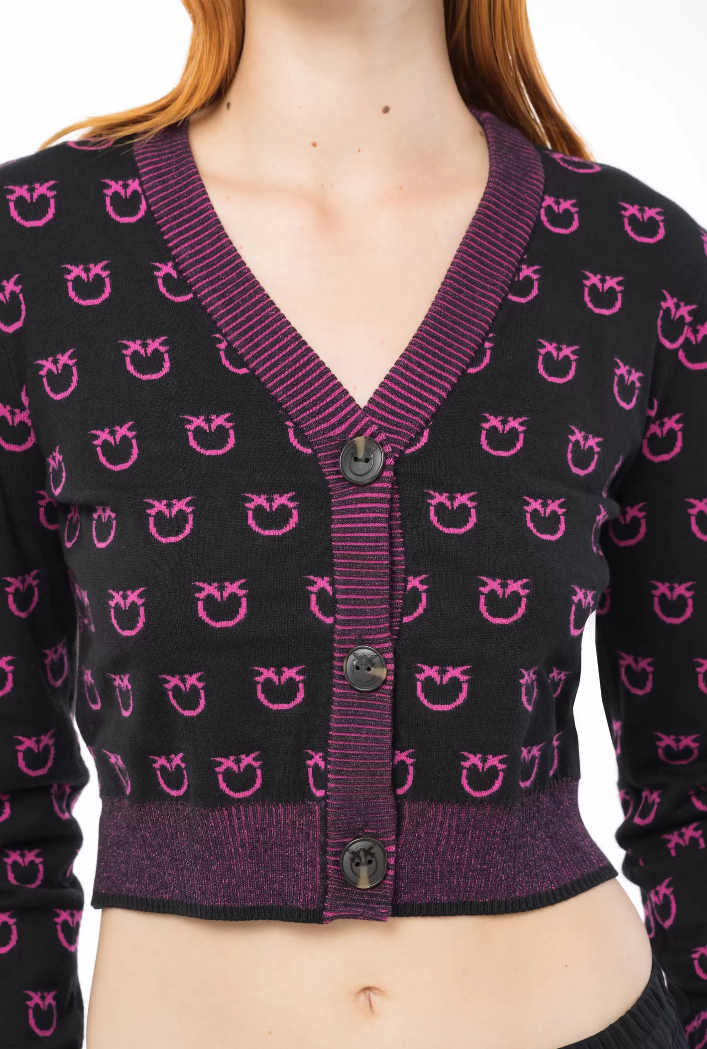 Pinko Cardigan corto jacquard logo NERO/FUXIA Discount