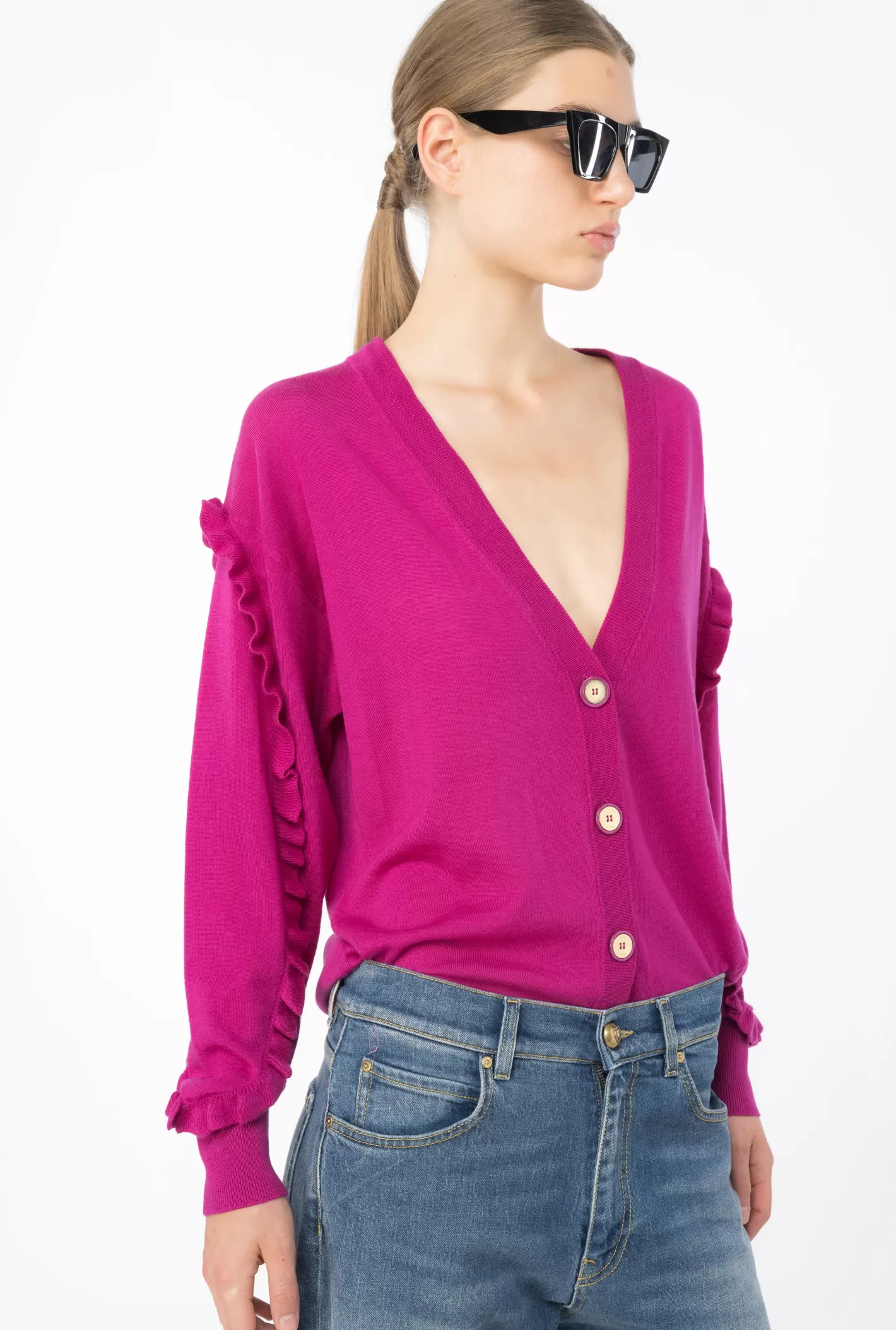 Pinko Cardigan in lana con rouches VIOLA BUGANVILLE Outlet