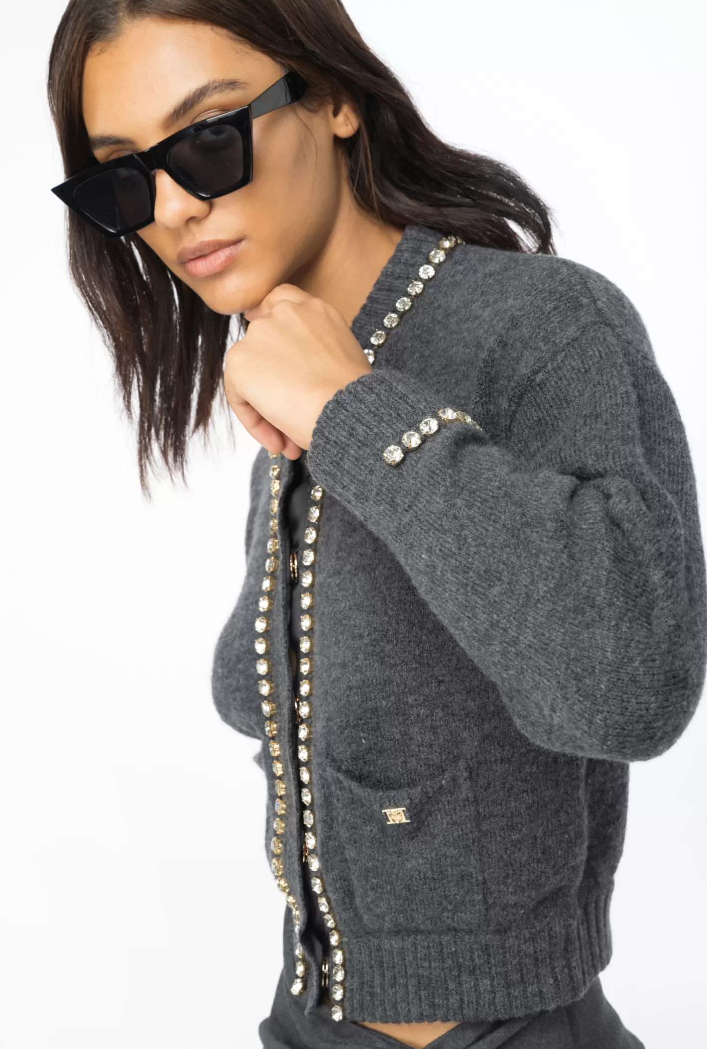 Pinko Cardigan in lana con strass DARK GREY Cheap