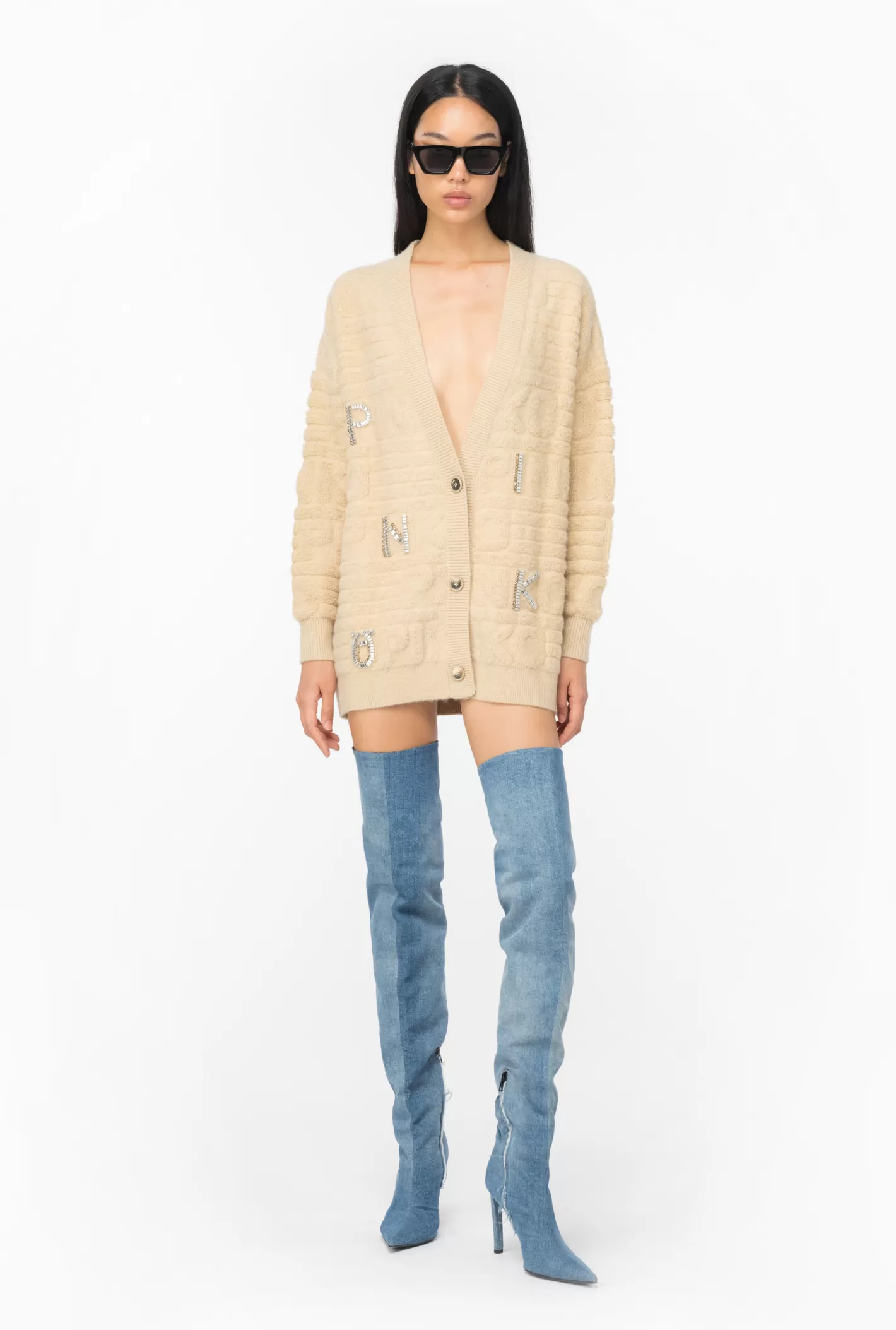 Pinko Cardigan logo strass 3D BEIGE-TORRONE NOCC. Sale