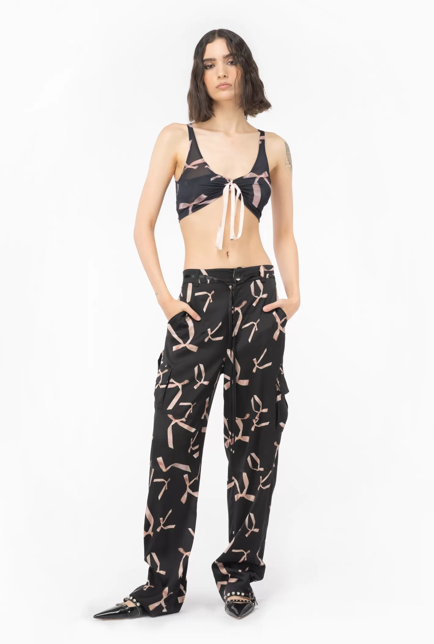 Pinko Crop top stampa fiocchetti Reimagine by Patrick McDowell NERO/ROSA Outlet