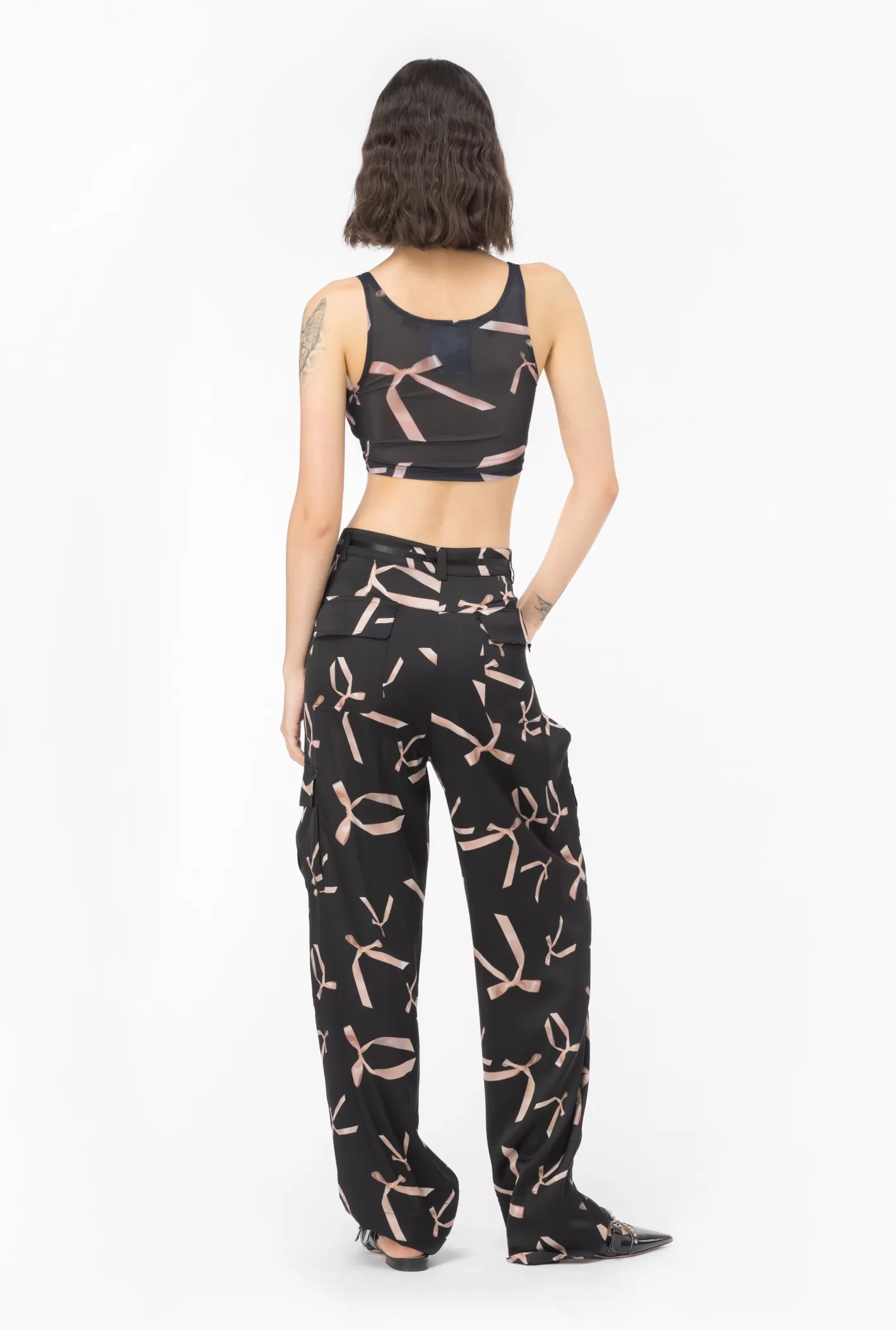 Pinko Crop top stampa fiocchetti Reimagine by Patrick McDowell NERO/ROSA Outlet