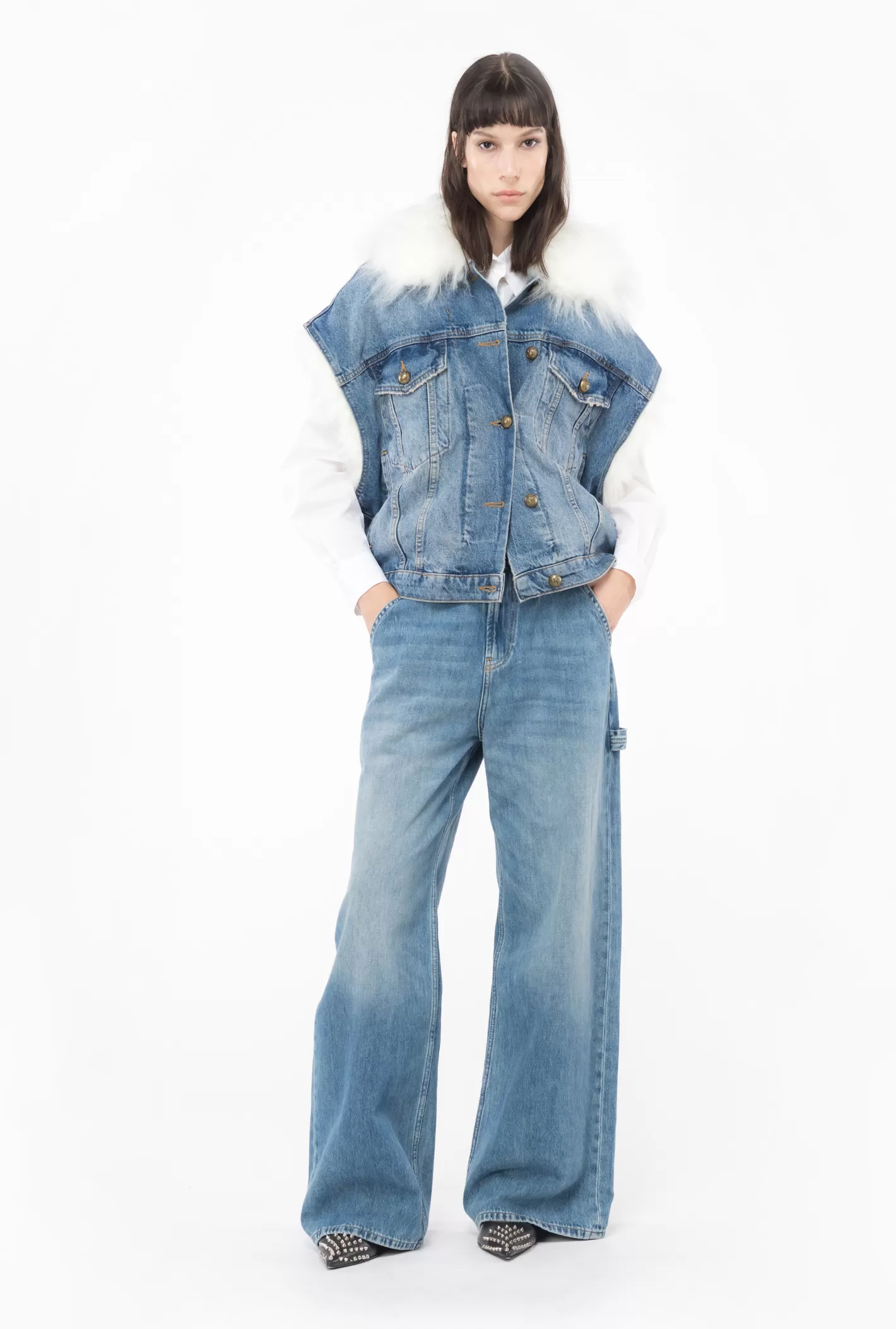 Pinko Giubbino denim smanicato con faux fur LAVAGGIO VINTAGE MEDIO Sale