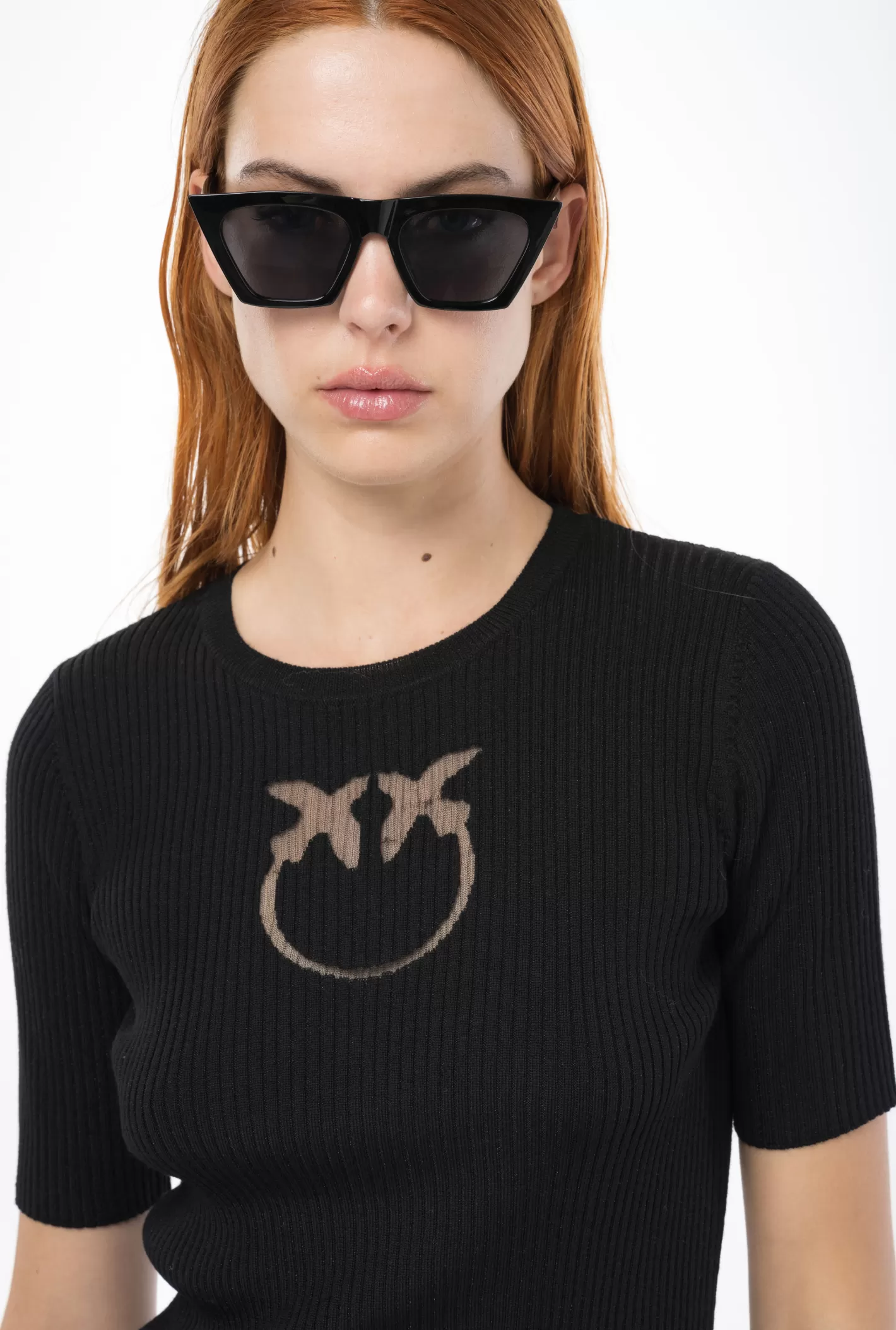 Pinko Maglia mezze maniche con logo in lana NERO LIMOUSINE Best Sale