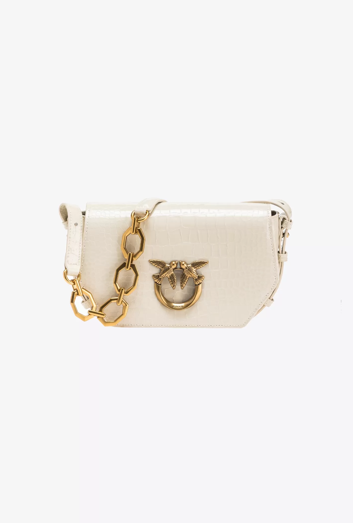 Pinko Mini Love Bag Click Exagon stampa cocco verniciato BIANCO+BANCO-ANTIQUE GOLD Best Sale