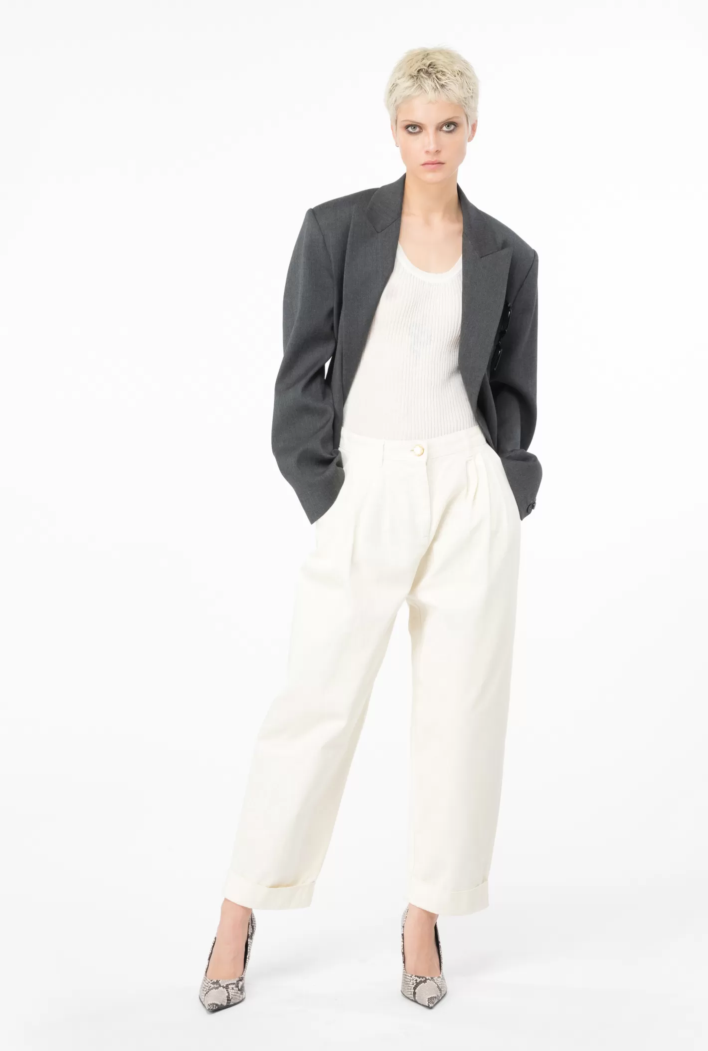 Pinko Pantaloni ampi gabardina BIANCO-GELATO VANIGLIA New