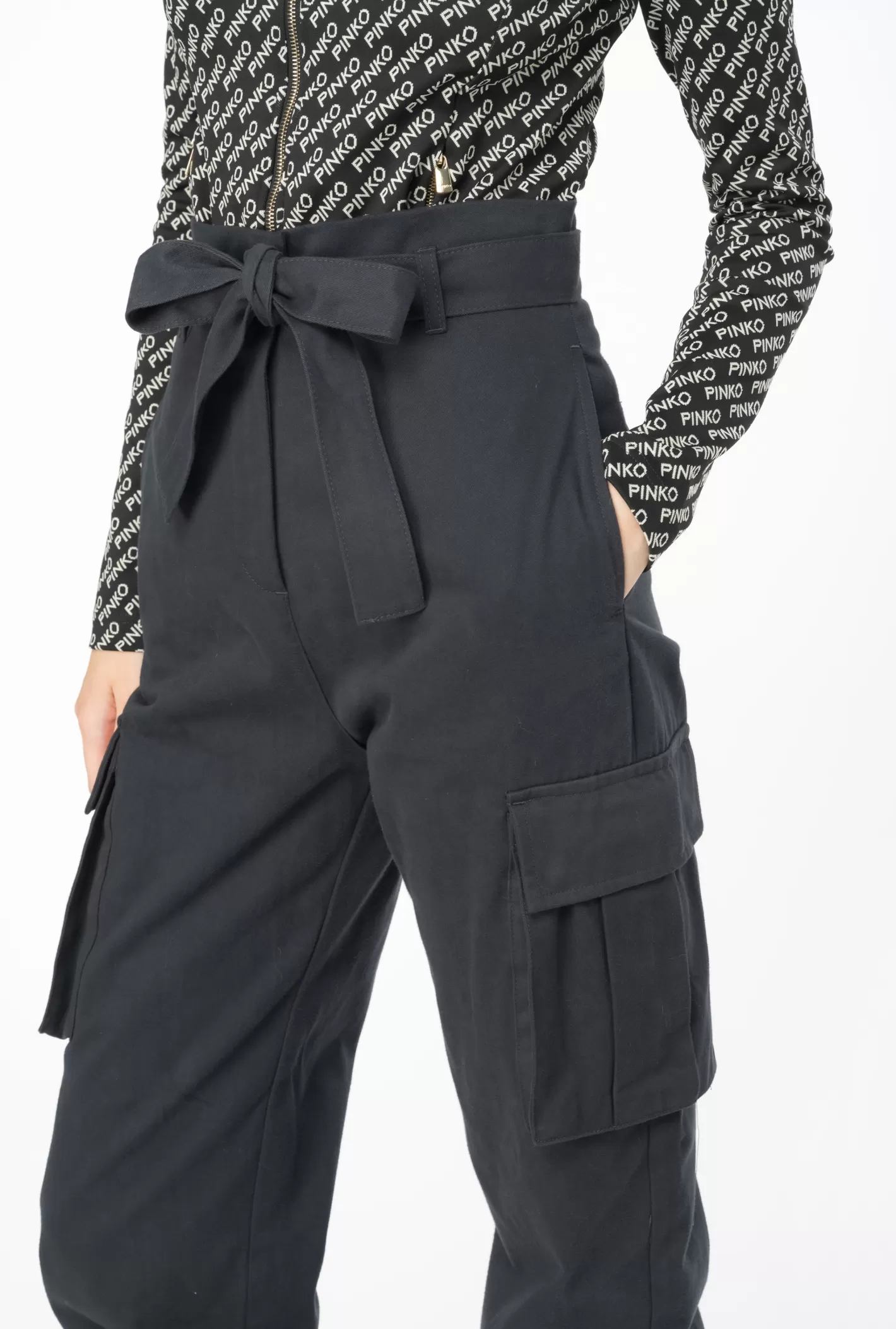 Pinko Pantaloni cargo cotone lavato NERO LIMOUSINE Discount