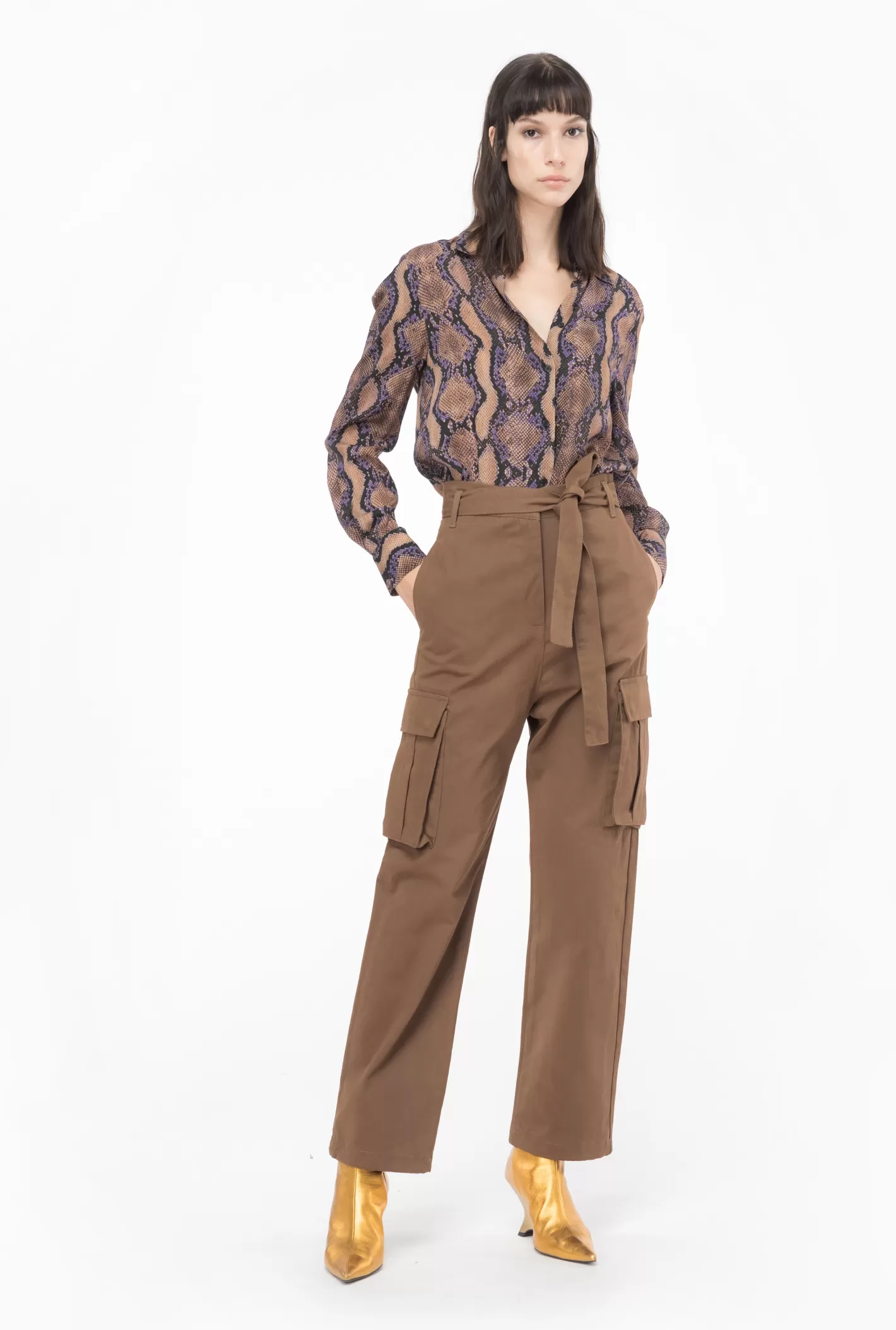 Pinko Pantaloni cargo cotone lavato TERRA SCURO Discount