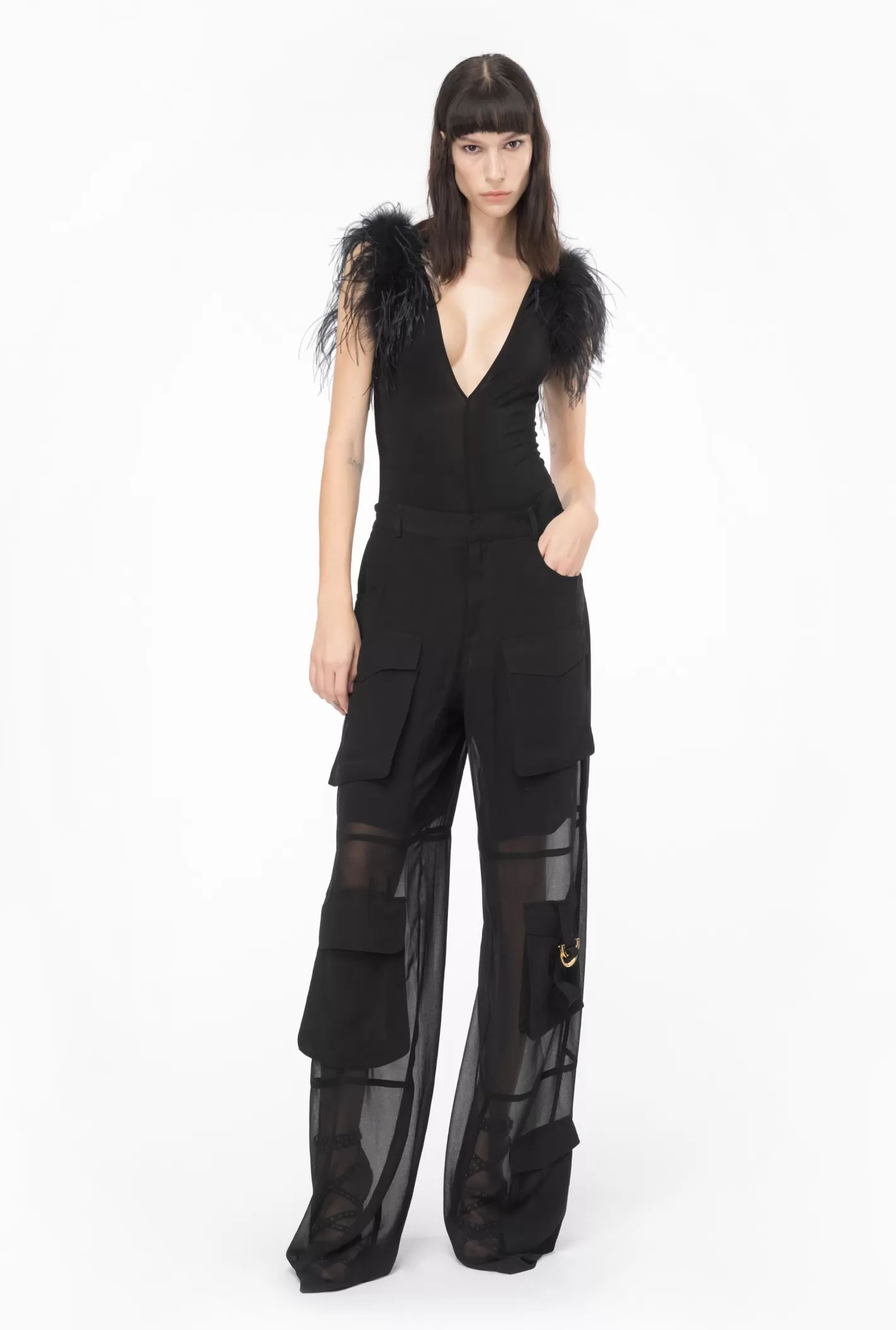 Pinko Pantaloni cargo in georgette NERO LIMOUSINE Discount