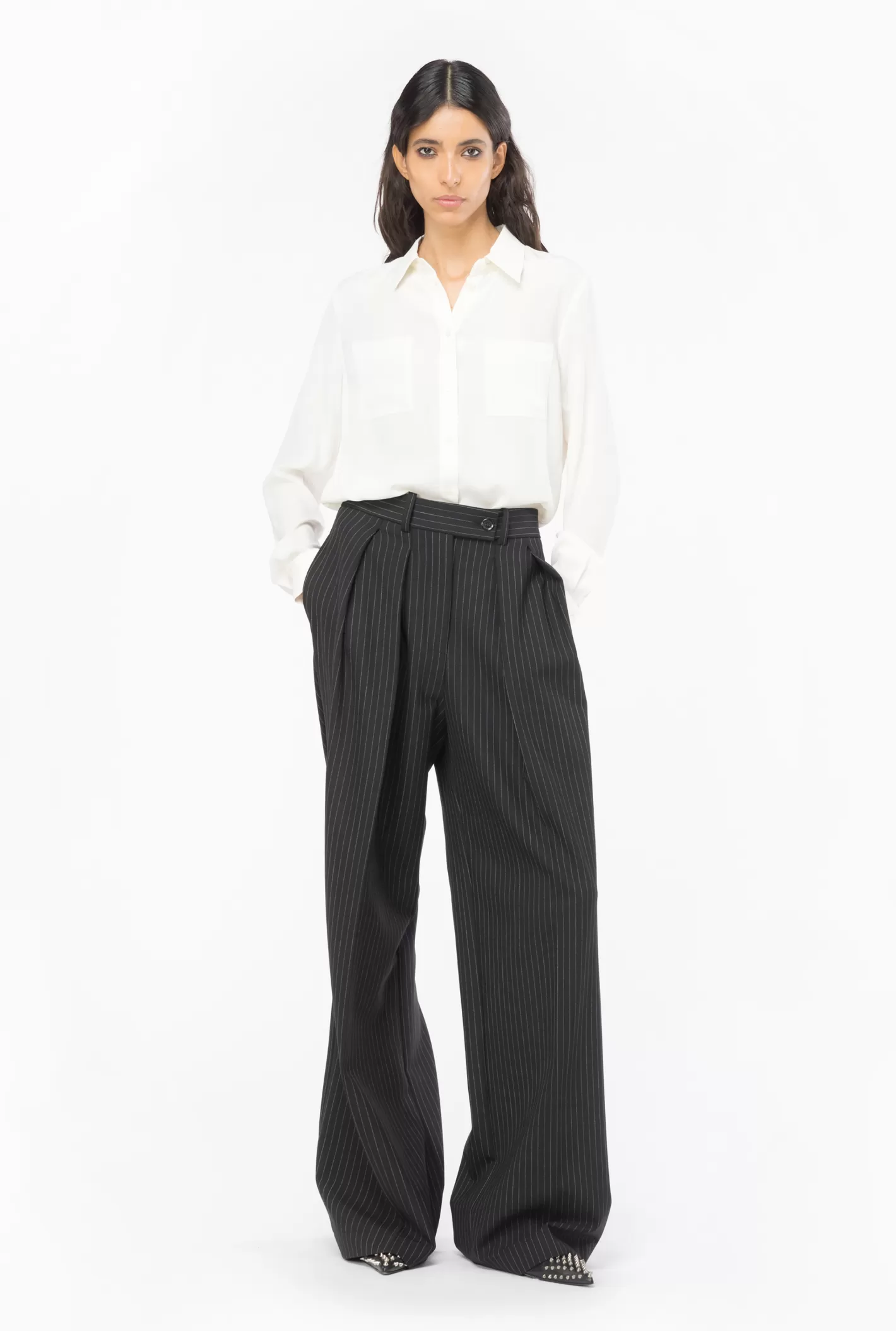 Pinko Pantaloni palazzo gessati NERO/BIANCO Best