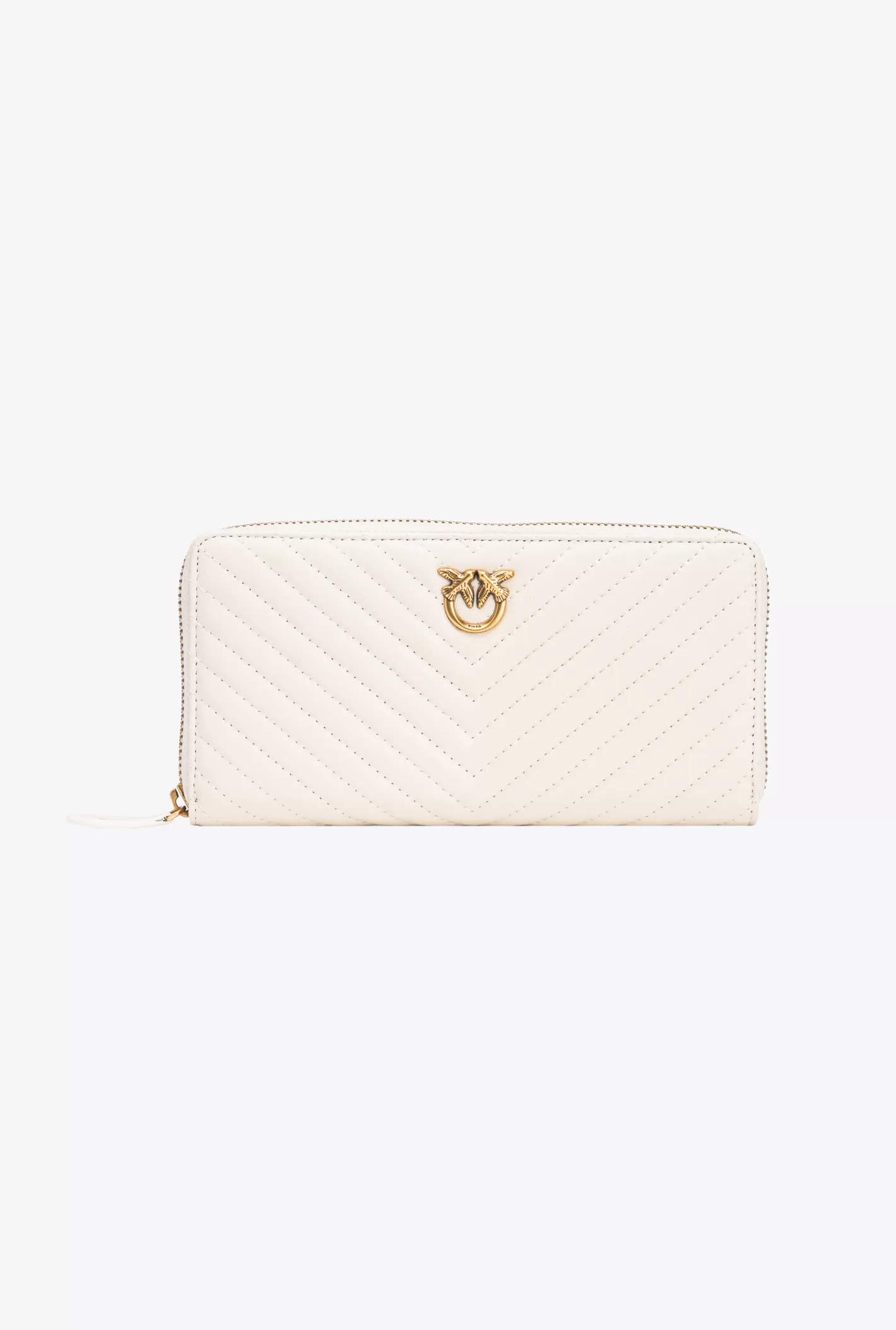 Pinko Portafoglio zip-around in nappa chevron BIANCO+BANCO-ANTIQUE GOLD New