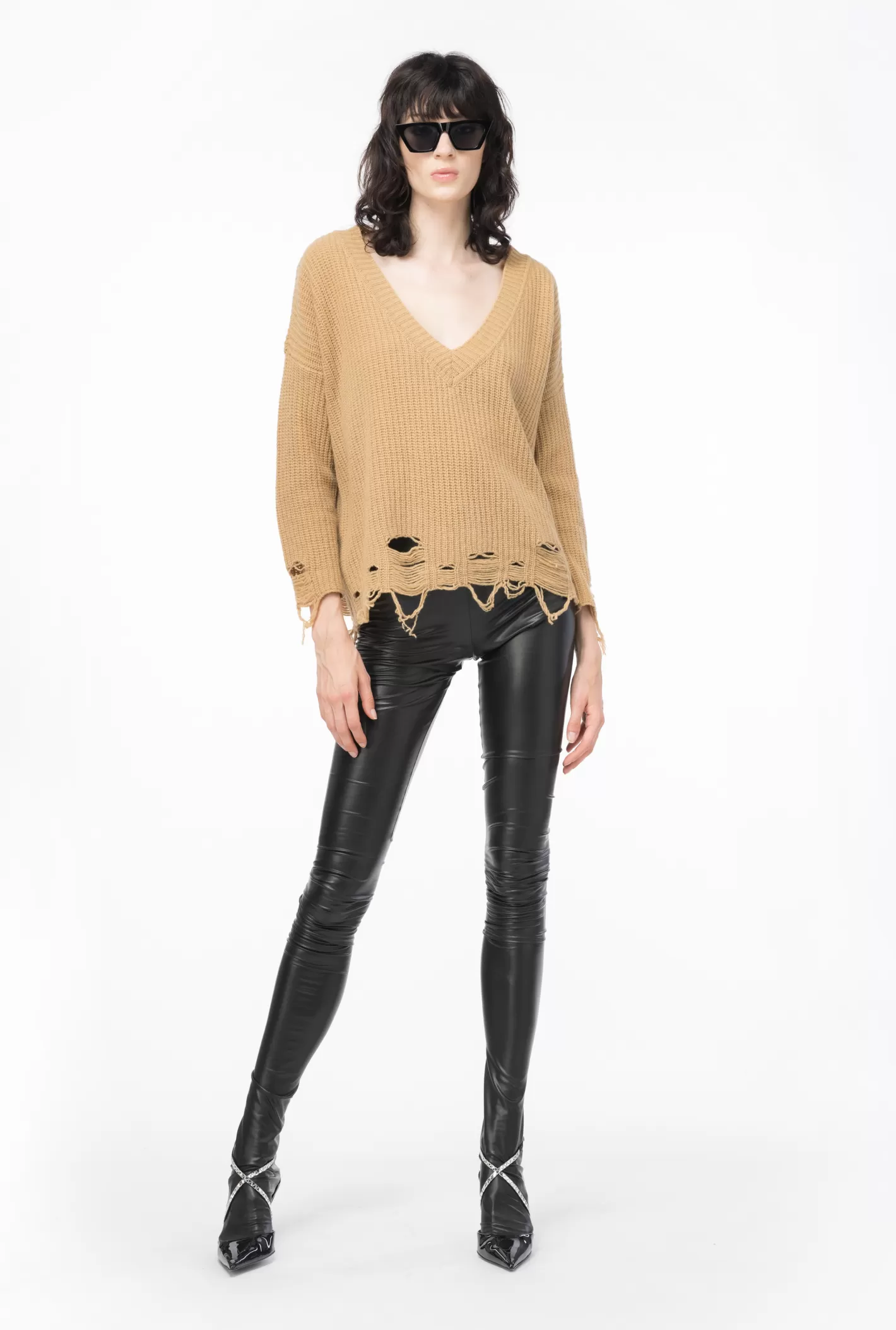 Pinko Pullover a coste con strappi BEIGE TANNINO Fashion