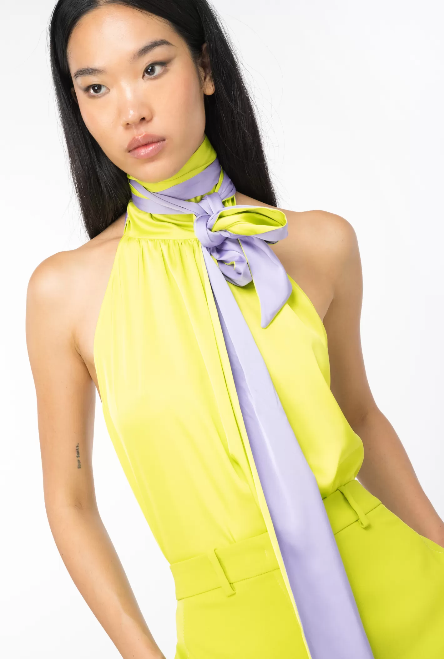 Pinko Top all'americana in satin leggero LIME/LILLA Store