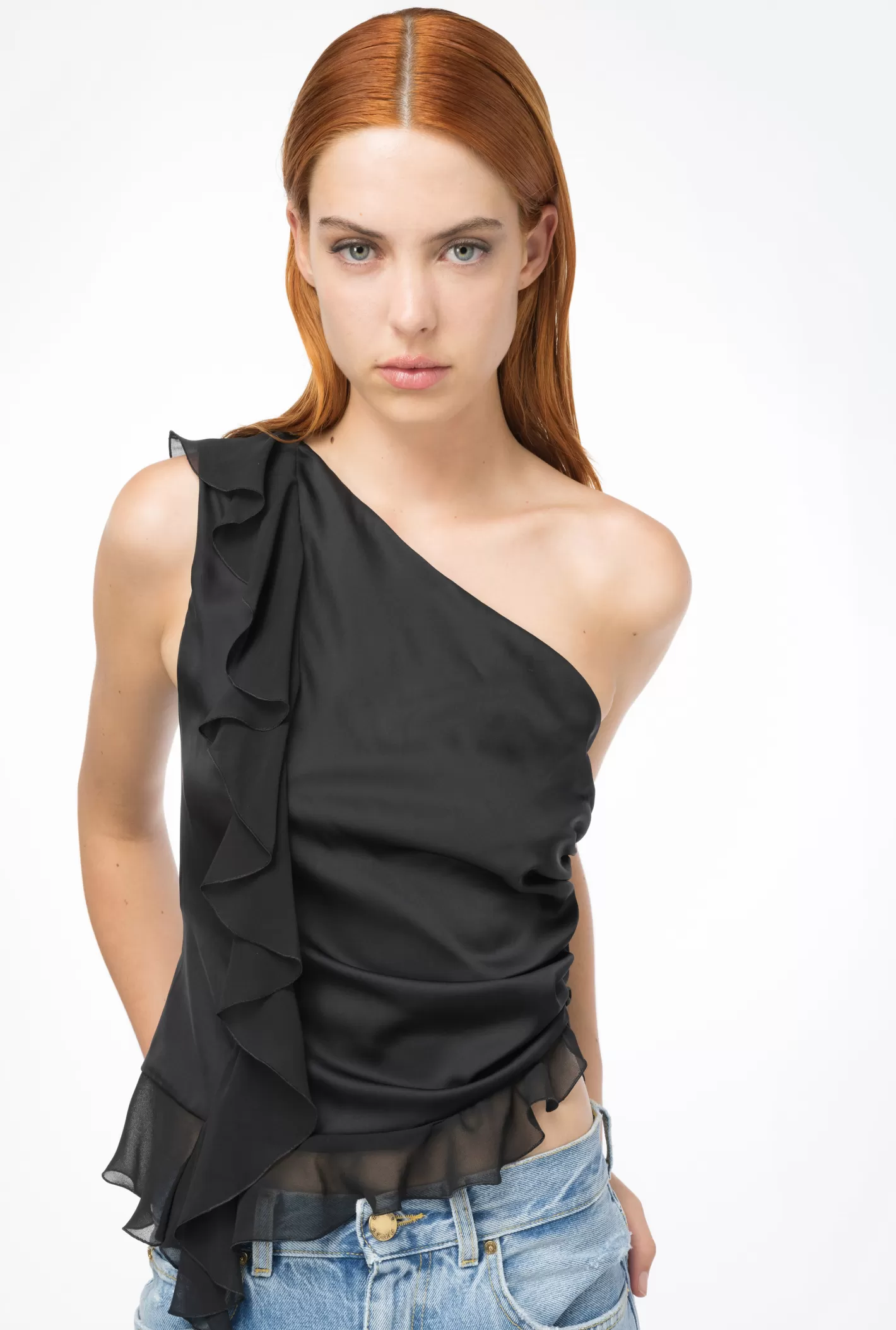 Pinko Top monospalla con volant NERO LIMOUSINE Cheap