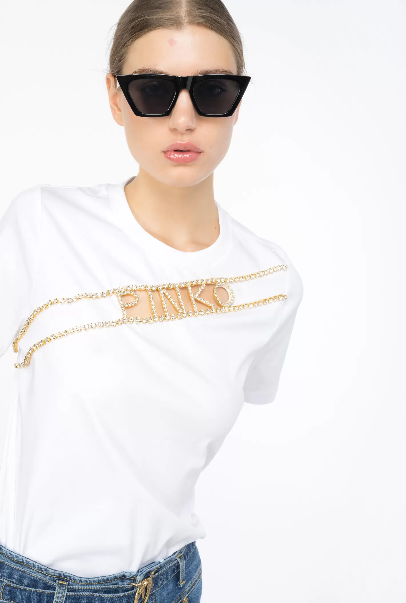 Pinko T-shirt logo strass BIANCO BRILL. Shop