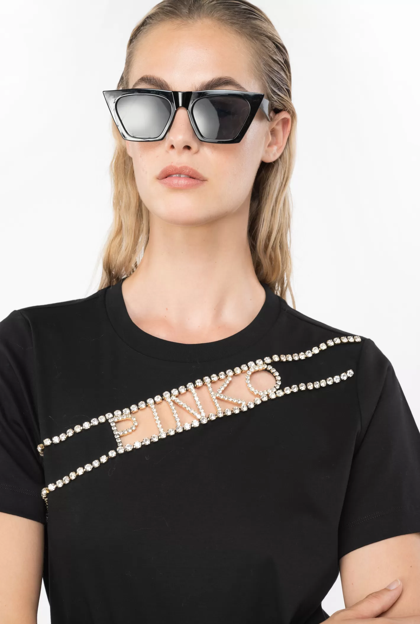 Pinko T-shirt logo strass NERO LIMOUSINE Cheap