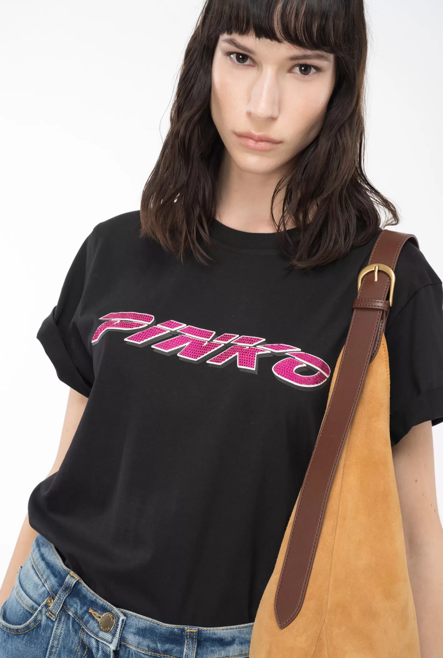 Pinko T-shirt stampa strass NERO/FUXIA Store