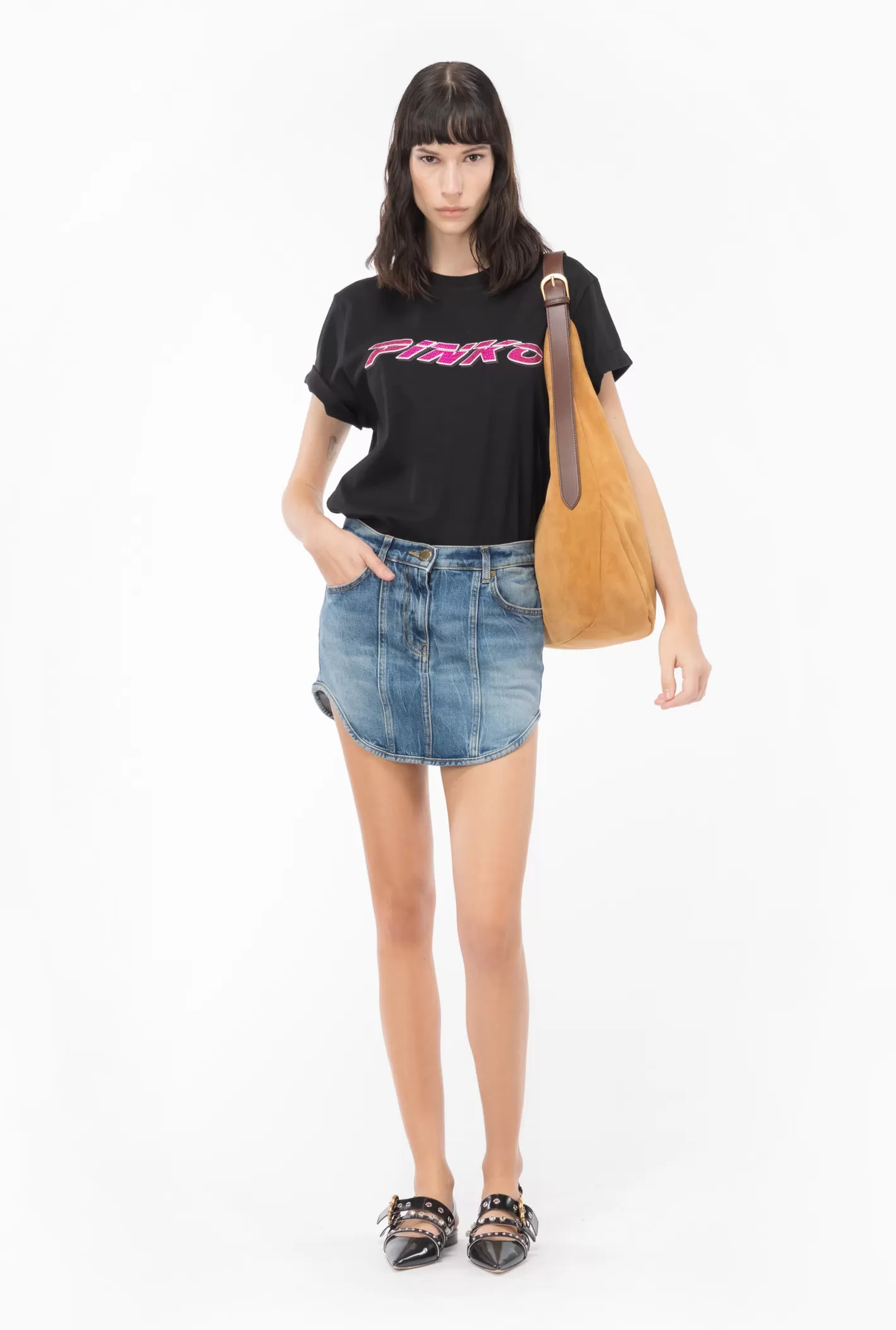 Pinko T-shirt stampa strass NERO/FUXIA Store