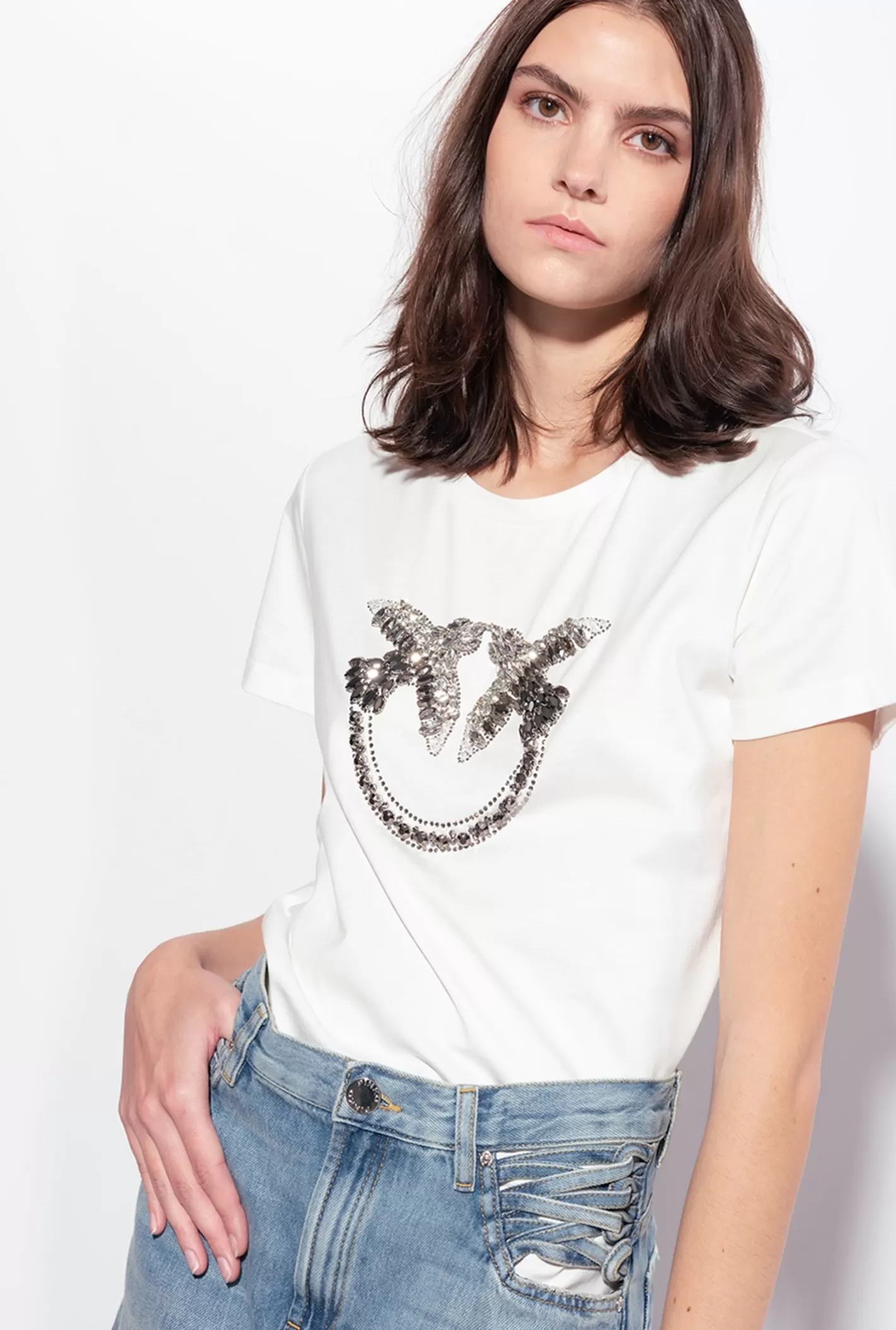 Pinko T-shirt ricamo Love Birds BIANCO NEMBO Flash Sale