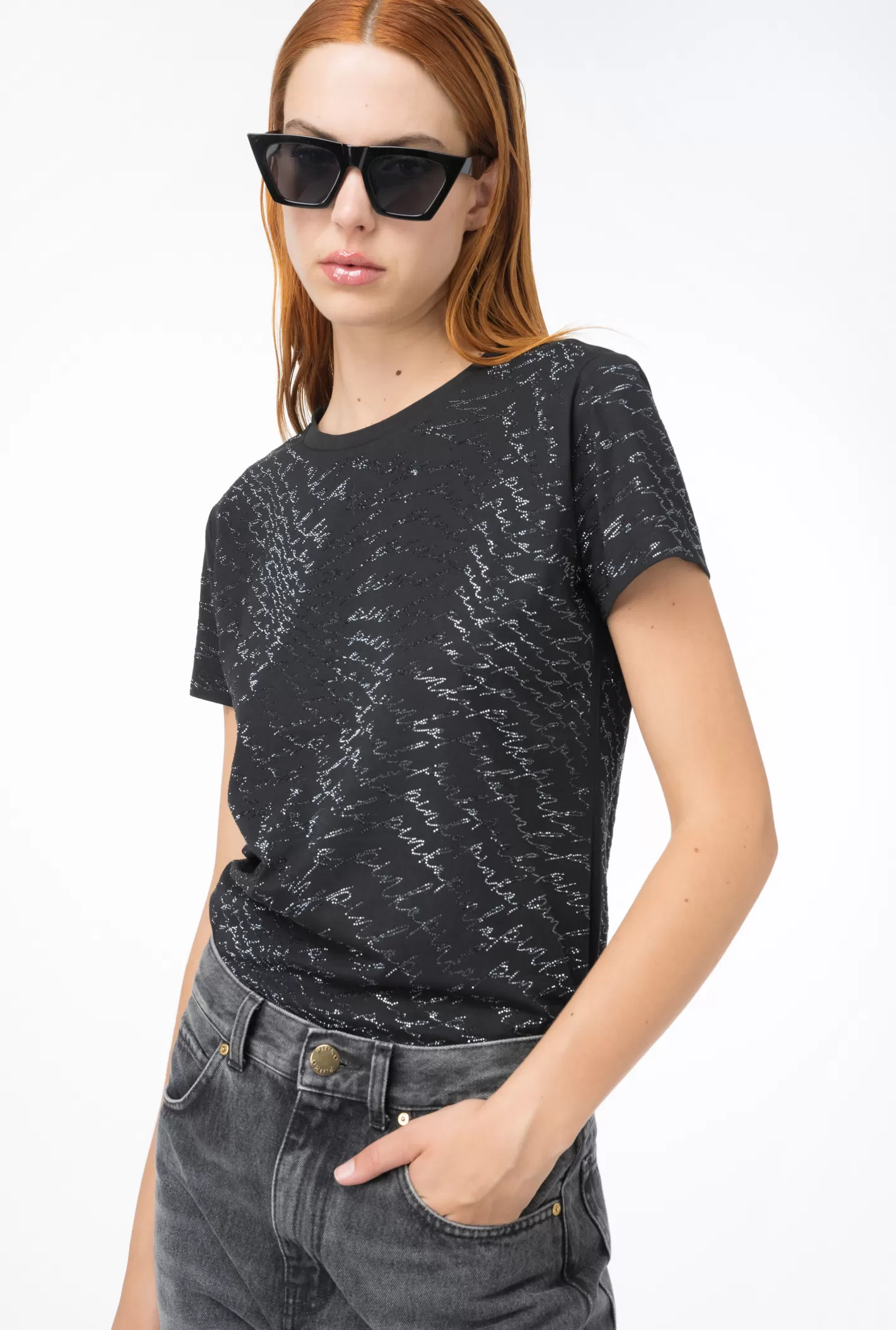 Pinko T-shirt strass logo fluido NERO LIMOUSINE Best Sale